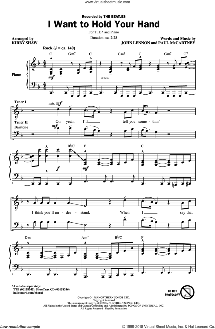I Want To Hold Your Hand (arr. Kirby Shaw) sheet music for choir (TTB: tenor, bass) by Paul McCartney, Kirby Shaw, The Beatles and John Lennon, intermediate skill level