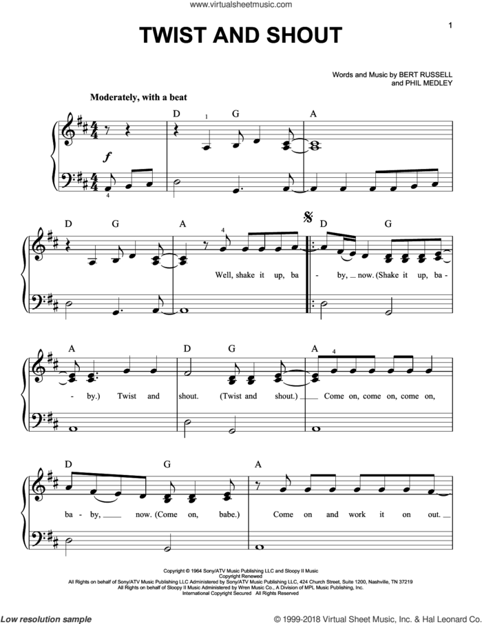 Twist And Shout, (beginner) sheet music for piano solo by The Beatles, The Isley Brothers, Bert Russell and Phil Medley, beginner skill level