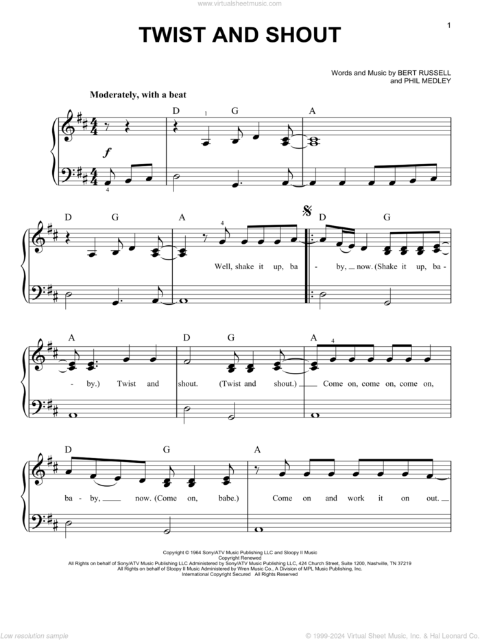 Twist And Shout, (beginner) sheet music for piano solo by The Beatles, The Isley Brothers, Bert Russell and Phil Medley, beginner skill level