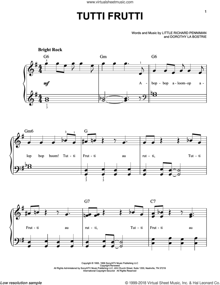 Tutti Frutti sheet music for piano solo by Little Richard, Pat Boone and Dorothy La Bostrie, beginner skill level