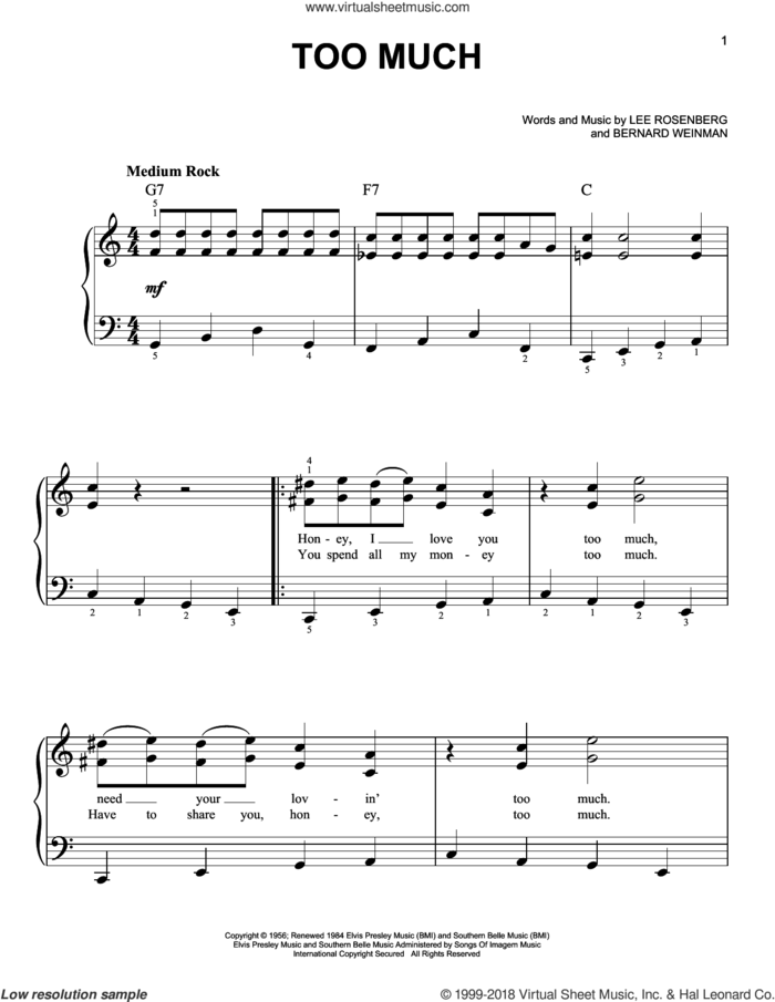 Too Much sheet music for piano solo by Elvis Presley, Bernard Weinman and Lee Rosenberg, beginner skill level