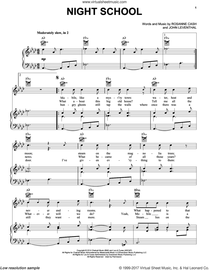 Night School sheet music for voice, piano or guitar by Rosanne Cash and John Leventhal, intermediate skill level
