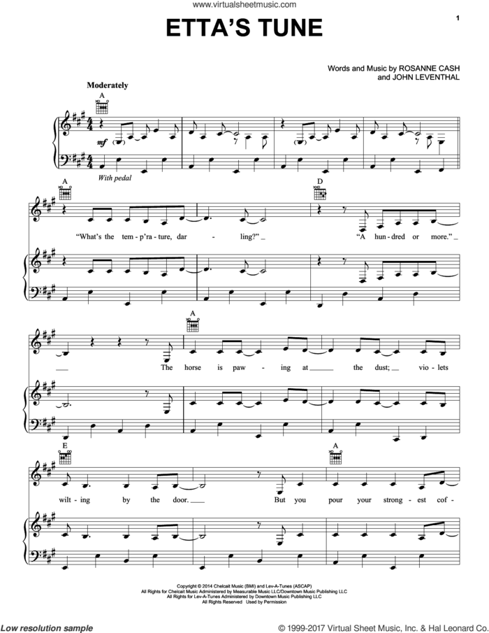 Etta's Tune sheet music for voice, piano or guitar by Rosanne Cash and John Leventhal, intermediate skill level