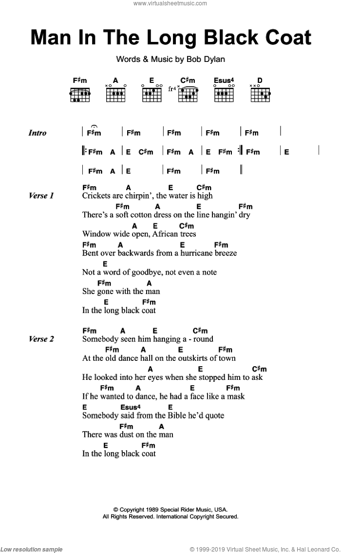 Man In The Long Black Coat sheet music for guitar (chords) by Bob Dylan, intermediate skill level