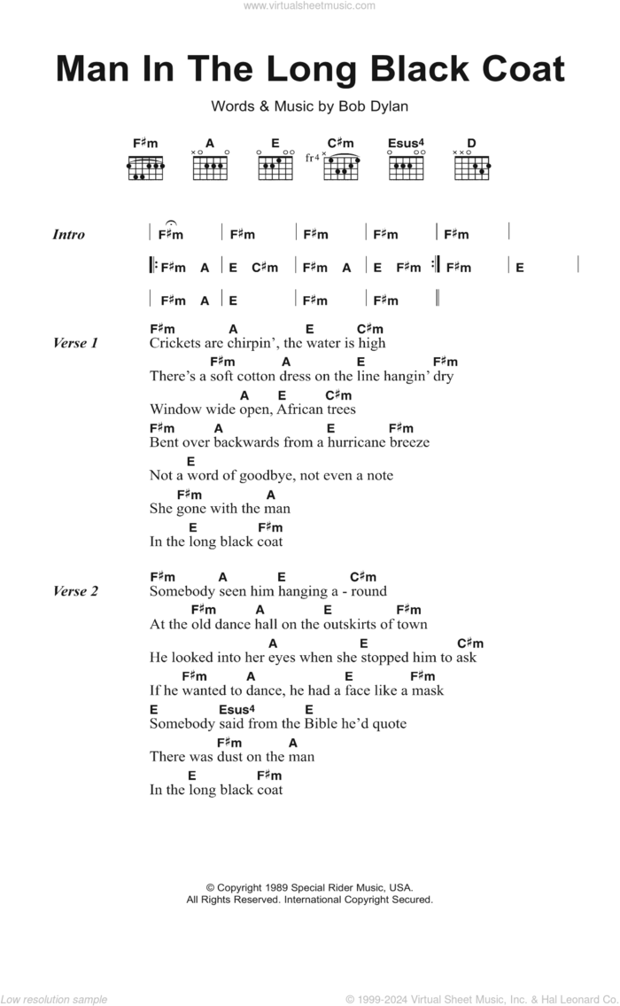 Man In The Long Black Coat sheet music for guitar (chords) by Bob Dylan, intermediate skill level