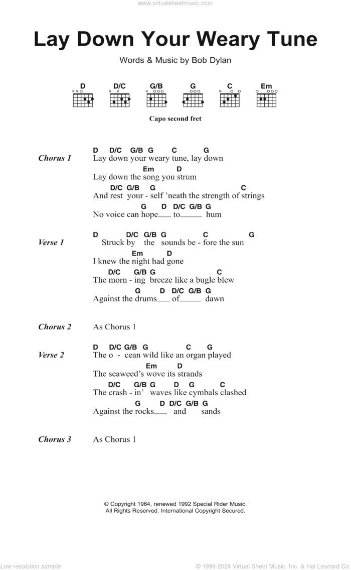 Lay Down Your Weary Tune sheet music for guitar (chords) by Bob Dylan, intermediate skill level