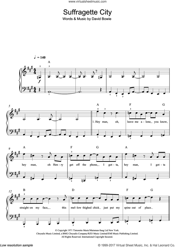 Suffragette City sheet music for voice, piano or guitar by David Bowie, intermediate skill level