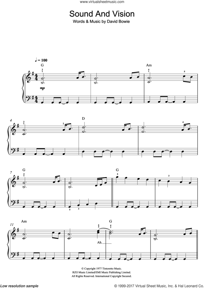 Sound And Vision sheet music for voice, piano or guitar by David Bowie, intermediate skill level