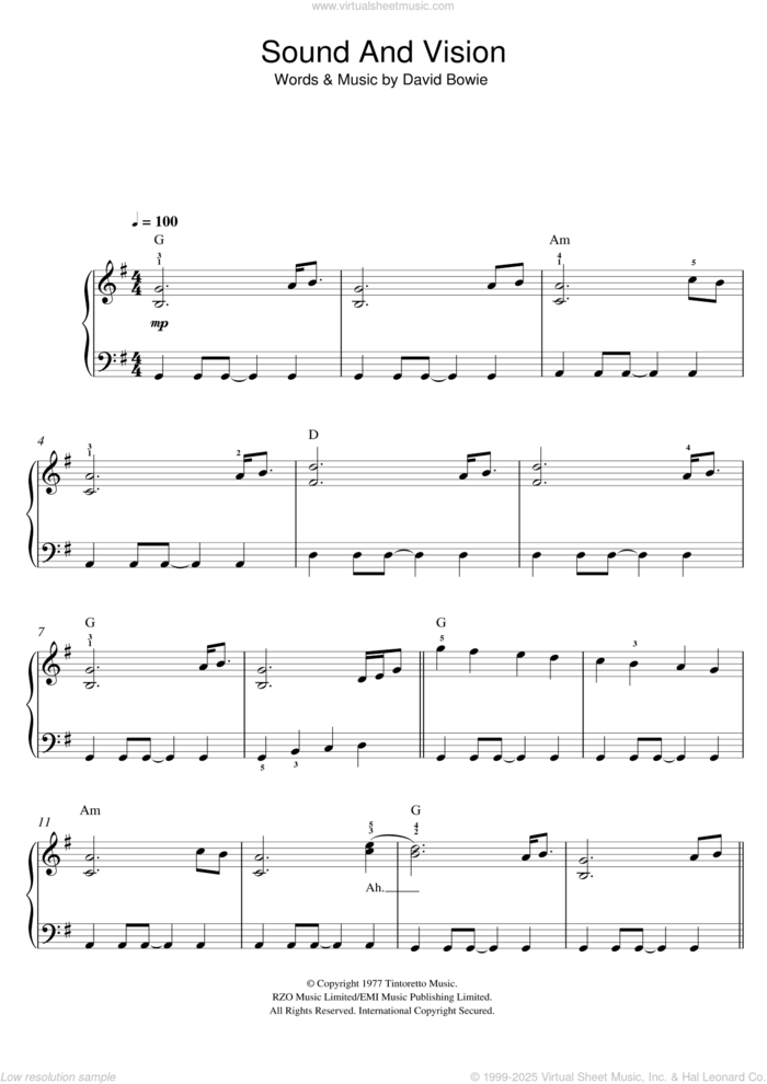 Sound And Vision sheet music for voice, piano or guitar by David Bowie, intermediate skill level