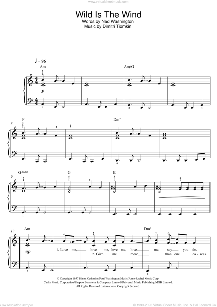 Wild Is The Wind sheet music for voice, piano or guitar by David Bowie, Nina Simone, Dimitri Tiomkin and Ned Washington, intermediate skill level