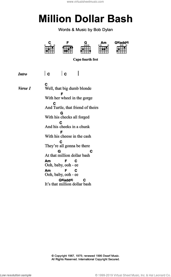 Million Dollar Bash sheet music for guitar (chords) by Bob Dylan, intermediate skill level