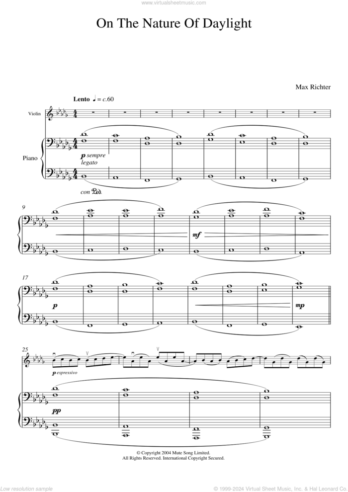 On The Nature Of Daylight sheet music for violin and piano by Max Richter, classical score, intermediate skill level