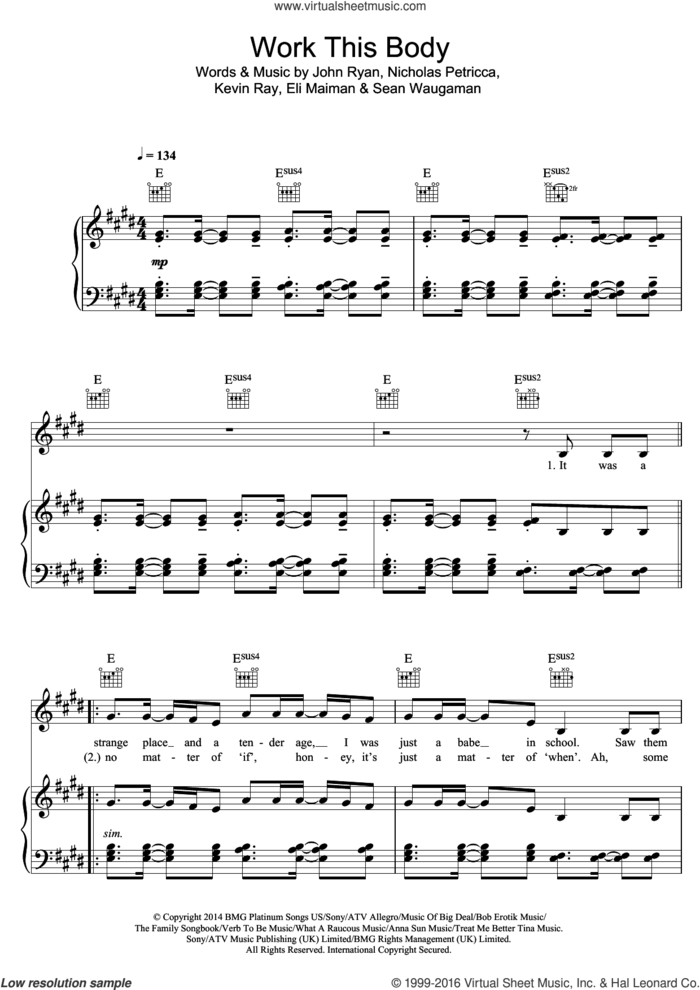 Work This Body sheet music for voice, piano or guitar by Walk The Moon, Eli Maiman, John Ryan, Kevin Ray, Nicholas Petricca and Sean Waugaman, intermediate skill level