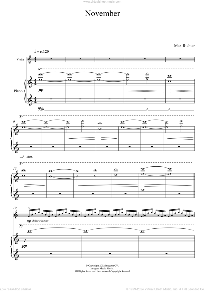 November sheet music for violin and piano by Max Richter, classical score, intermediate skill level