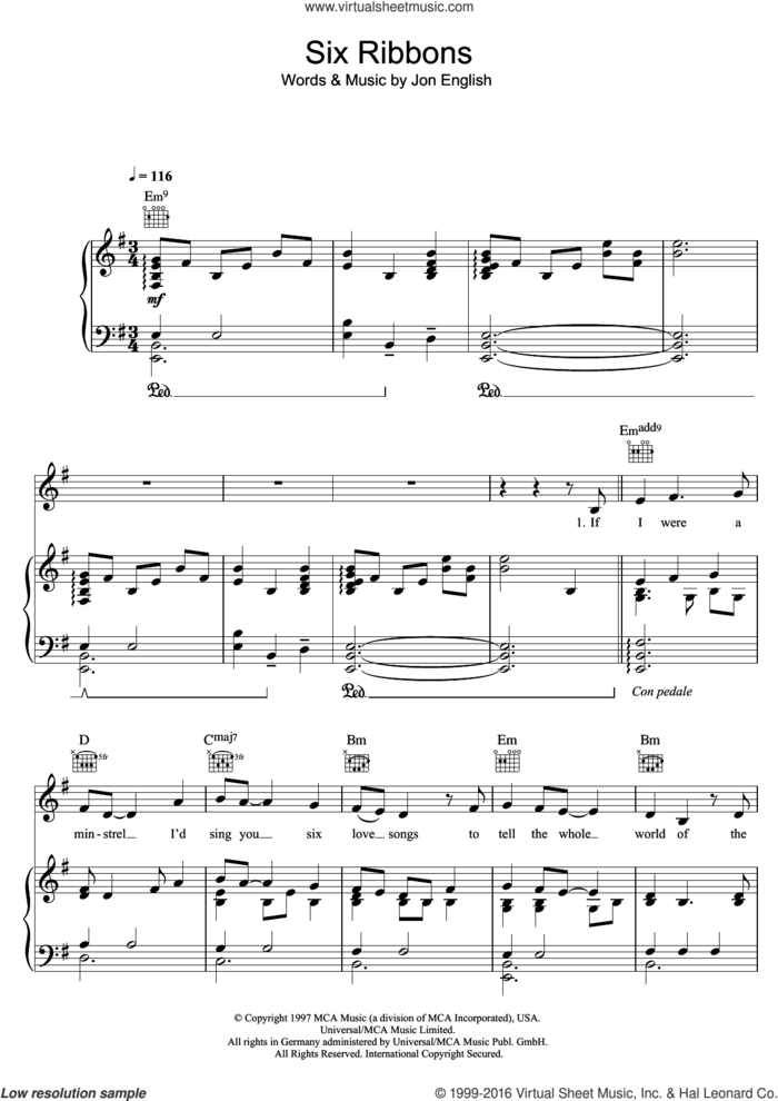 Six Ribbons sheet music for voice, piano or guitar by Jon English, intermediate skill level