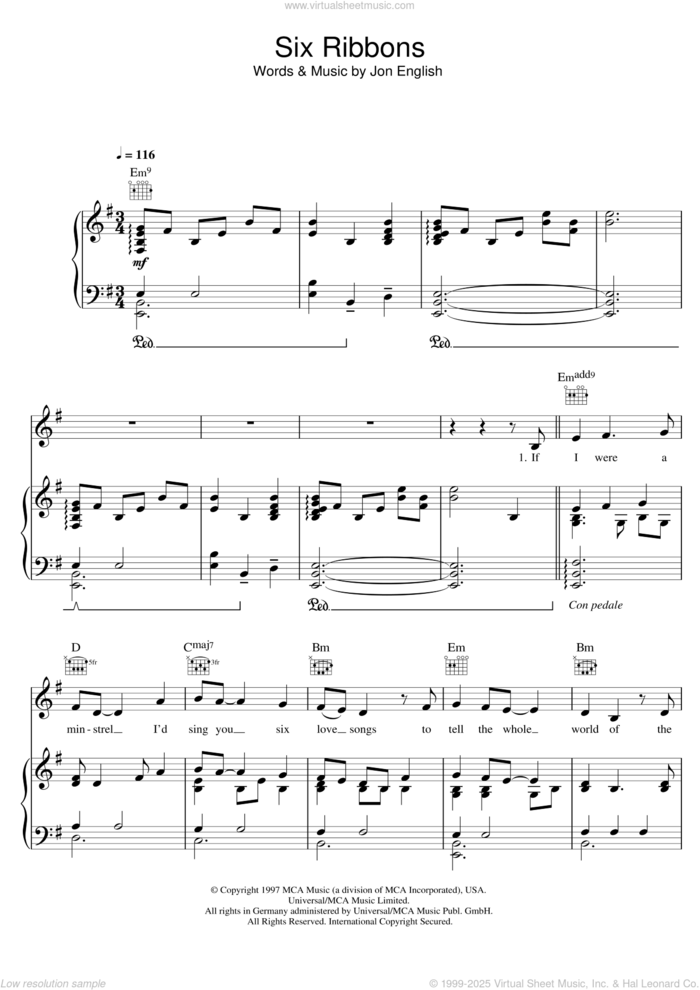 Six Ribbons sheet music for voice, piano or guitar by Jon English, intermediate skill level