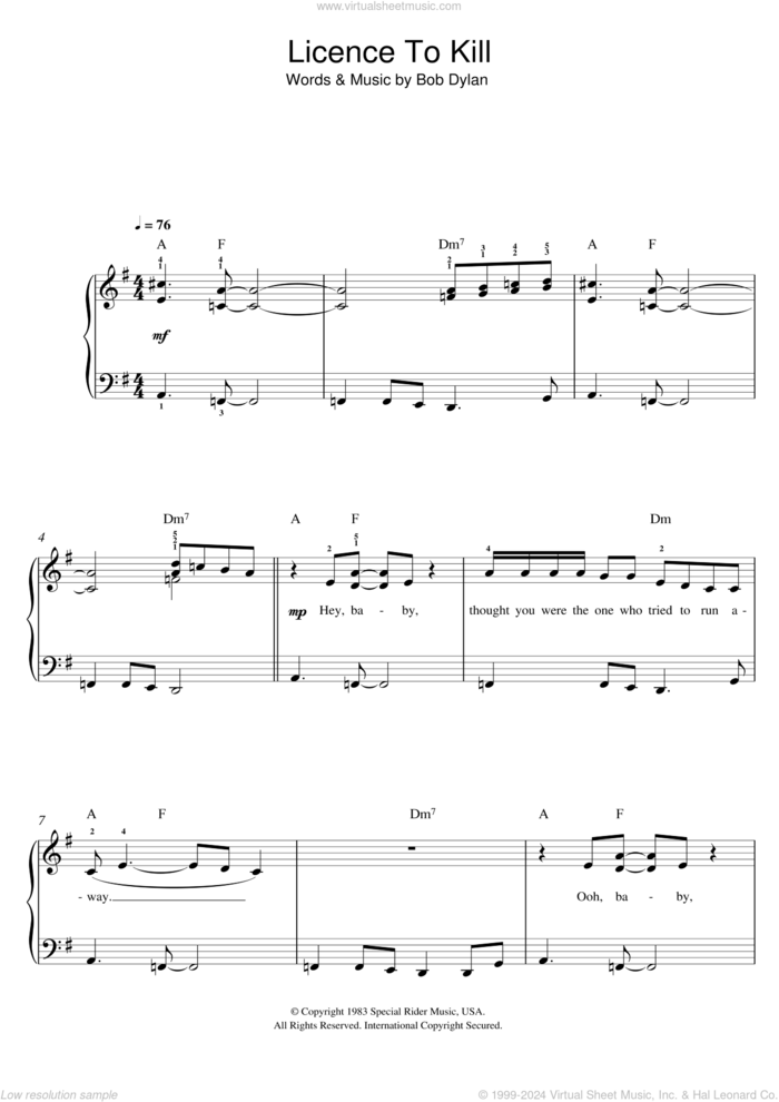 License To Kill sheet music for piano solo by Gladys Knight and Bob Dylan, easy skill level