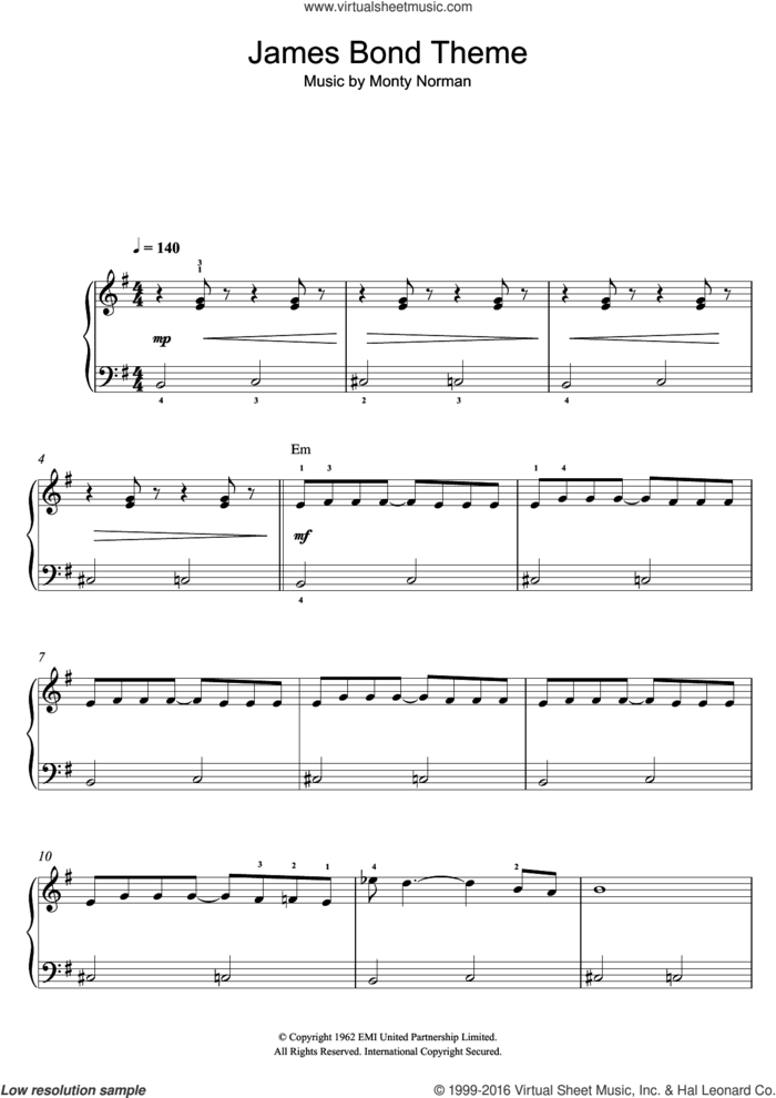 The James Bond Theme sheet music for voice, piano or guitar by Monty Norman, intermediate skill level