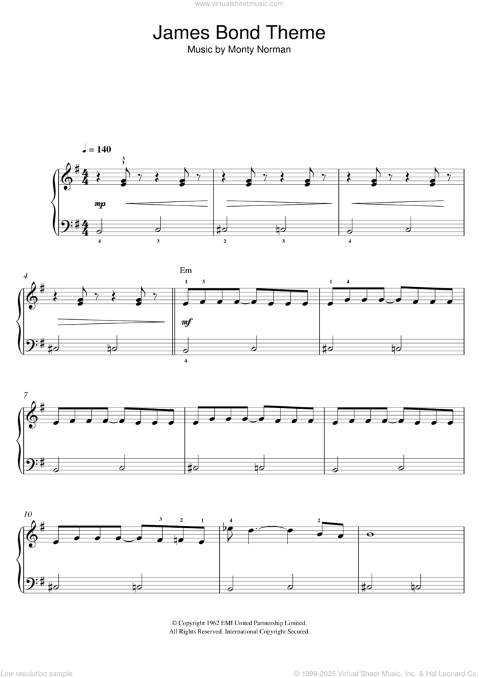 The James Bond Theme sheet music for voice, piano or guitar by Monty Norman, intermediate skill level