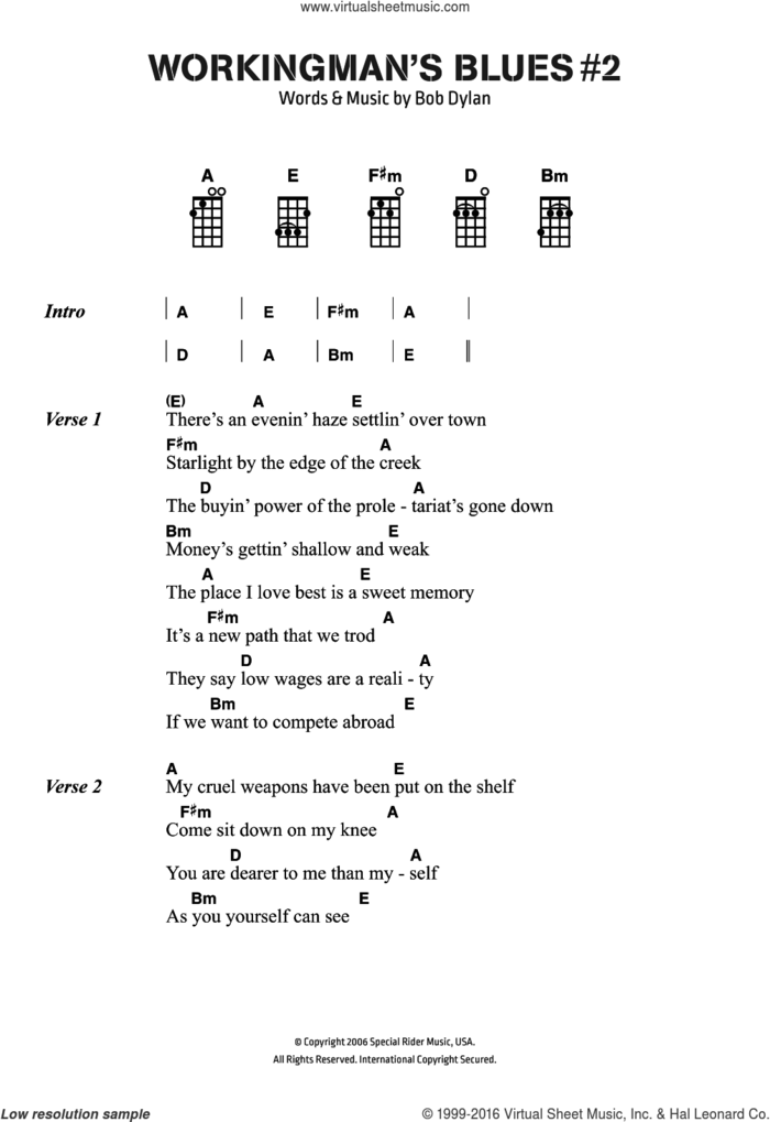 Workingman's Blues # 2 sheet music for voice, piano or guitar by Bob Dylan, intermediate skill level