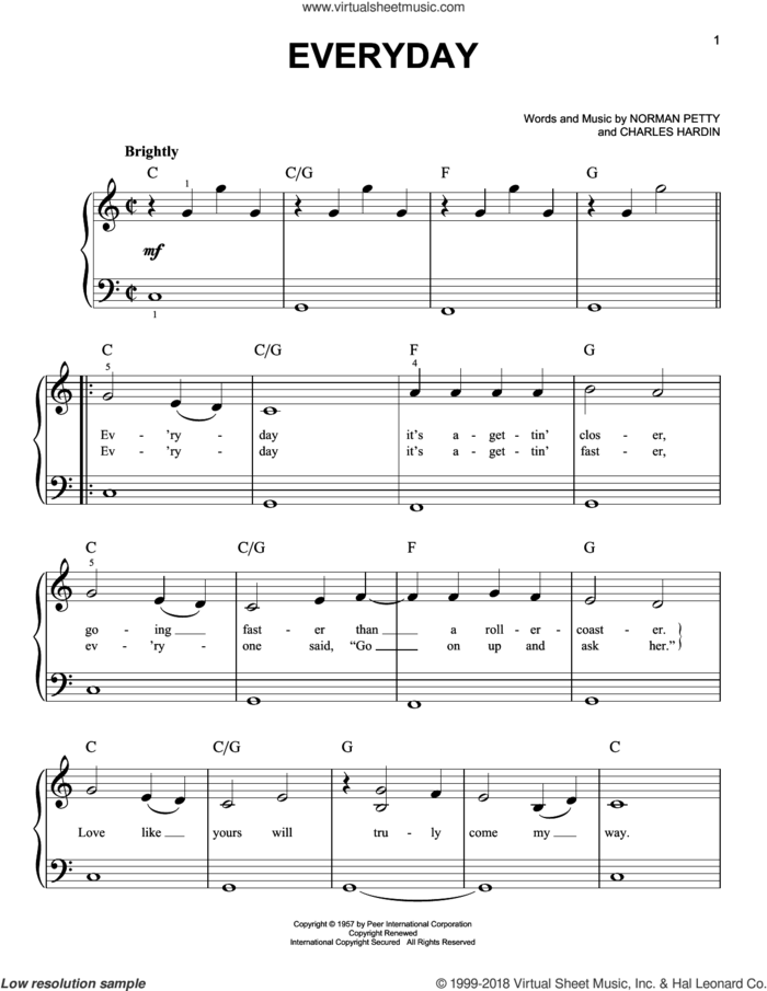 Everyday, (beginner) sheet music for piano solo by Buddy Holly, Charles Hardin and Norman Petty, beginner skill level