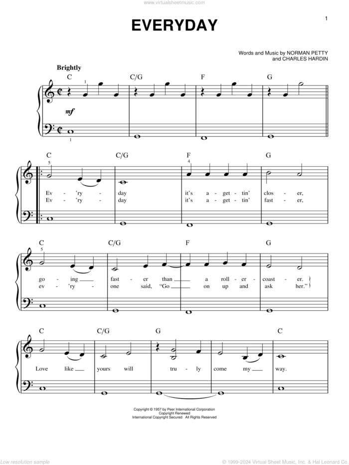 Everyday, (beginner) sheet music for piano solo by Buddy Holly, Charles Hardin and Norman Petty, beginner skill level