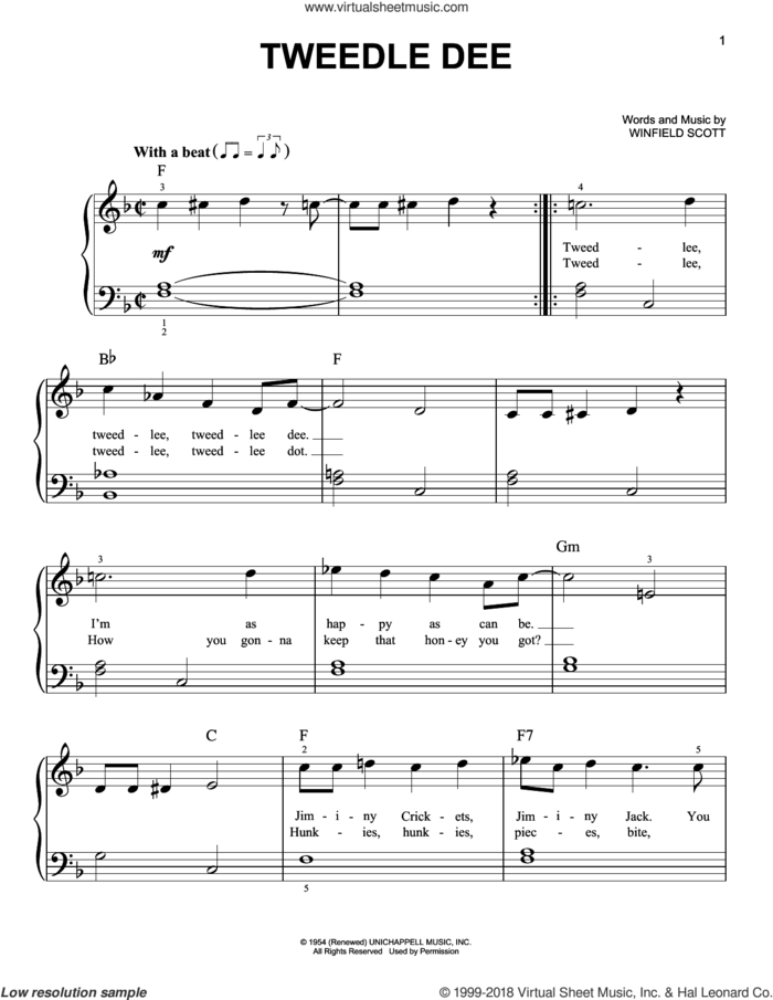 Tweedle Dee sheet music for piano solo by Georgia Gibbs and Winfield Scott, beginner skill level