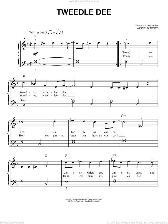 Tweedle Dee sheet music for piano solo by Georgia Gibbs and Winfield Scott, beginner skill level