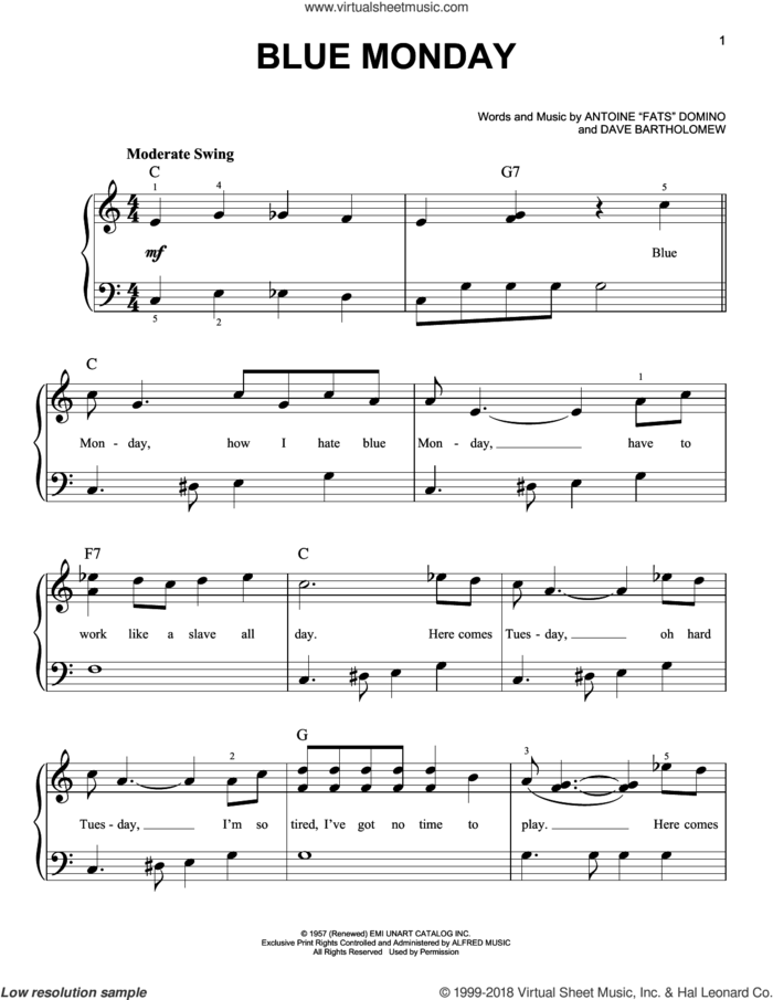 Blue Monday sheet music for piano solo by Dave Bartholomew, beginner skill level