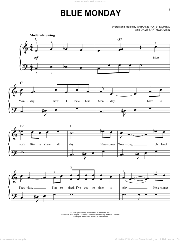 Blue Monday sheet music for piano solo by Dave Bartholomew, beginner skill level