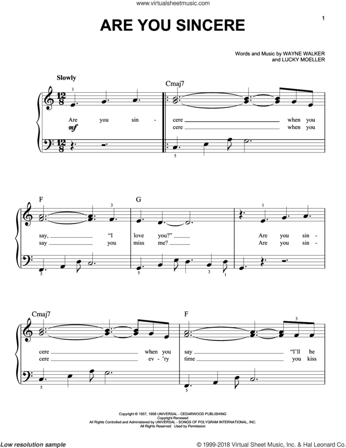 Are You Sincere sheet music for piano solo by Elvis Presley, Andy Williams, Trini Lopez, Lucky Moeller and Wayne Walker, beginner skill level