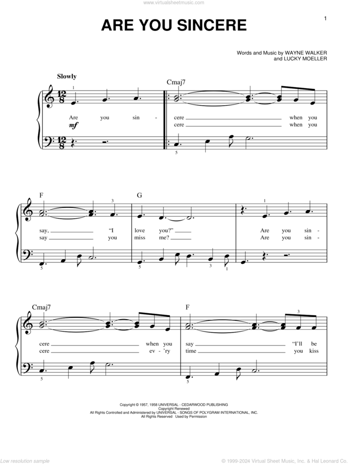 Are You Sincere sheet music for piano solo by Elvis Presley, Andy Williams, Trini Lopez, Lucky Moeller and Wayne Walker, beginner skill level