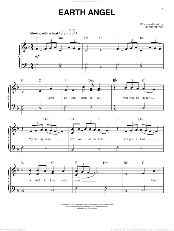 Earth Angel sheet music for piano solo by The Penguins, Crew-Cuts, Miscellaneous and Jesse Belvin, beginner skill level