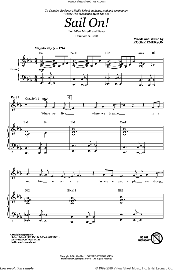Sail On! sheet music for choir (3-Part Mixed) by Roger Emerson, intermediate skill level