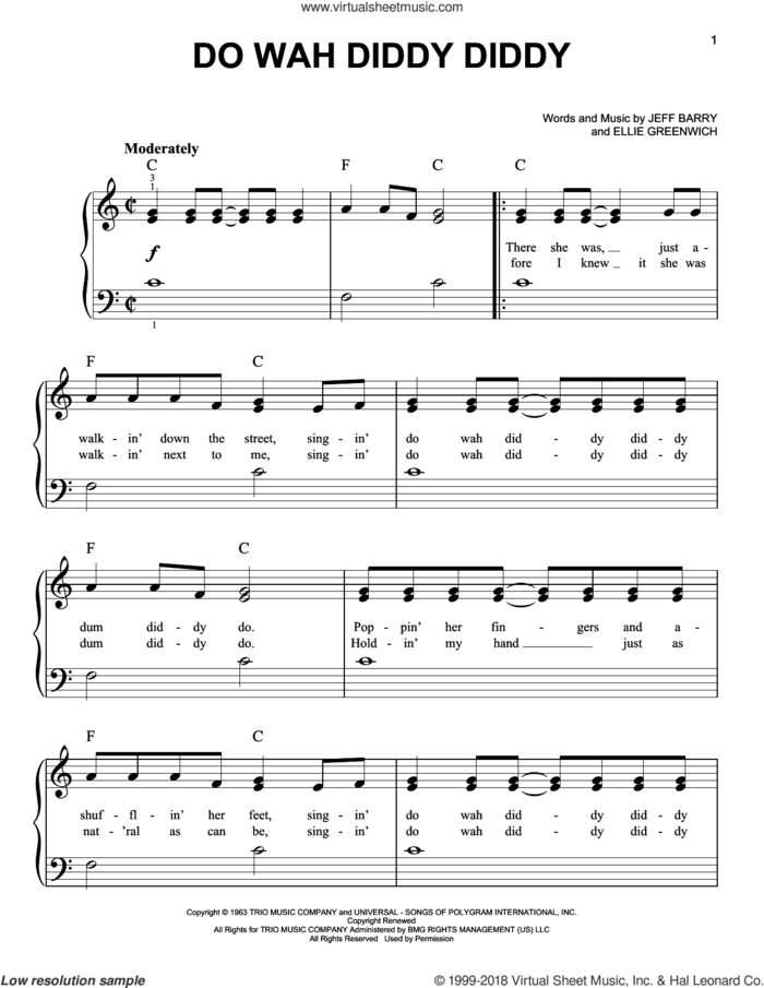 Do Wah Diddy Diddy sheet music for piano solo by Manfred Mann, Ellie Greenwich and Jeff Barry, beginner skill level