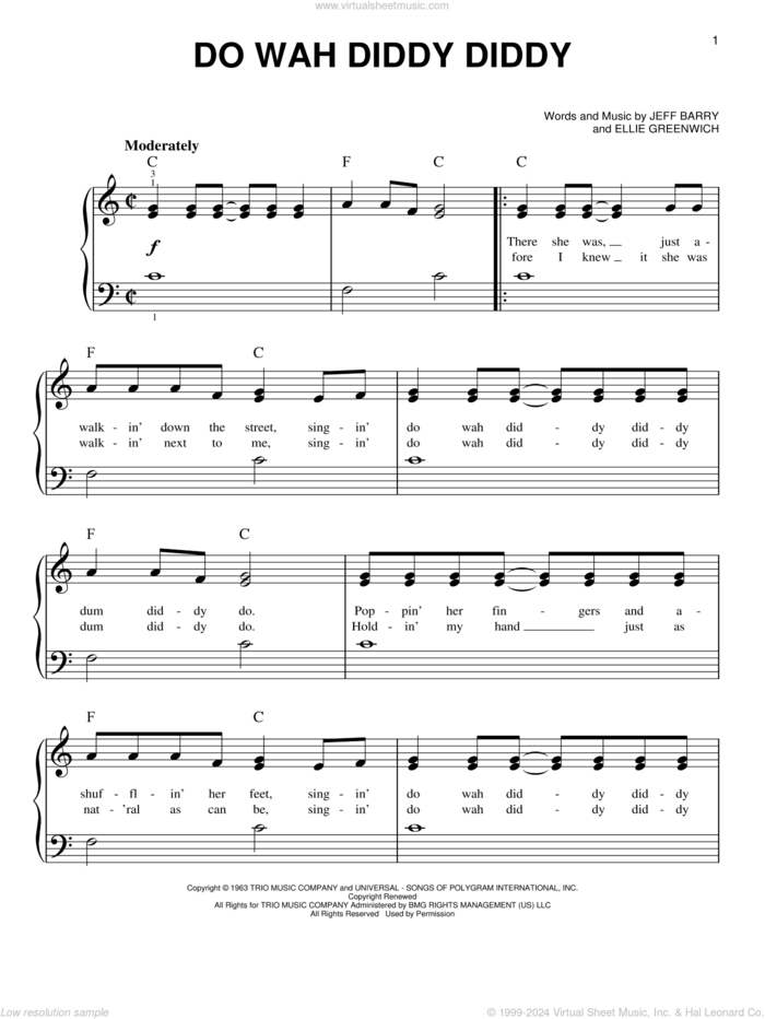 Do Wah Diddy Diddy sheet music for piano solo by Manfred Mann, Ellie Greenwich and Jeff Barry, beginner skill level