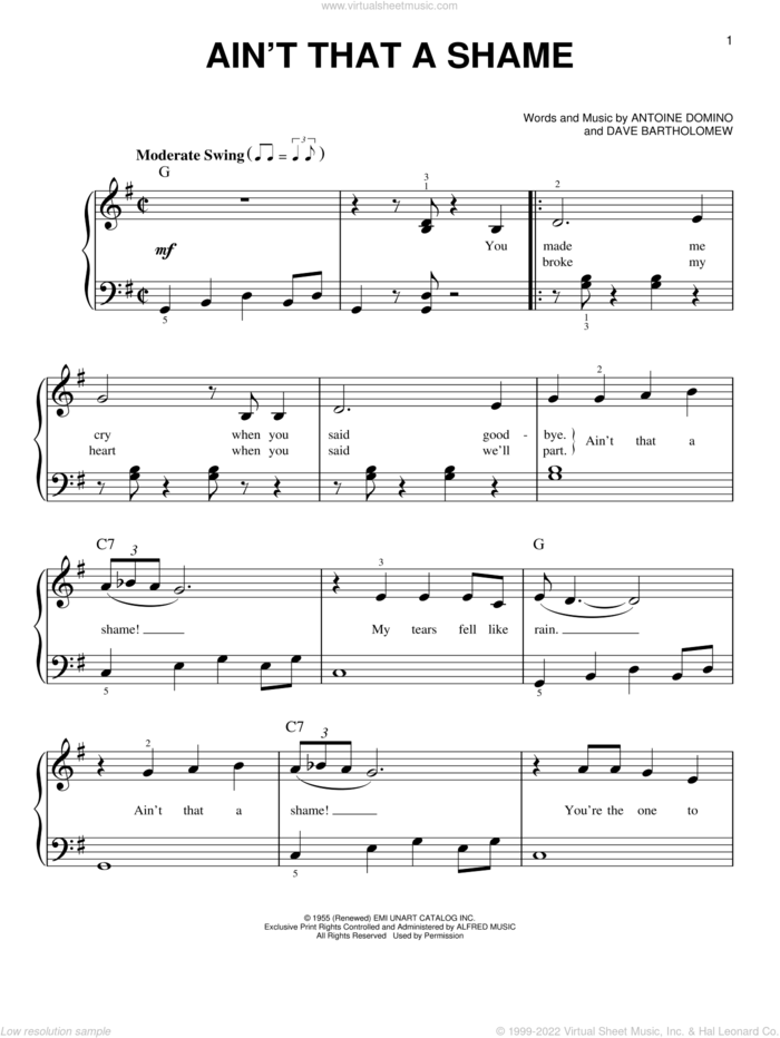 Ain't That A Shame sheet music for piano solo by Fats Domino, Antoine Domino and Dave Bartholomew, beginner skill level