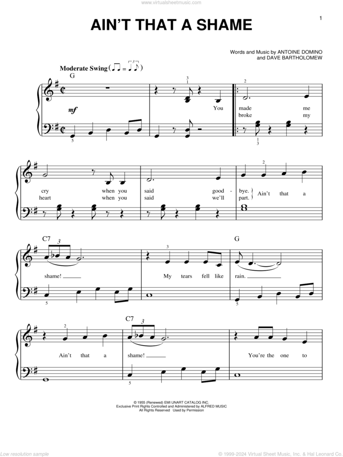 Ain't That A Shame sheet music for piano solo by Fats Domino, Antoine Domino and Dave Bartholomew, beginner skill level