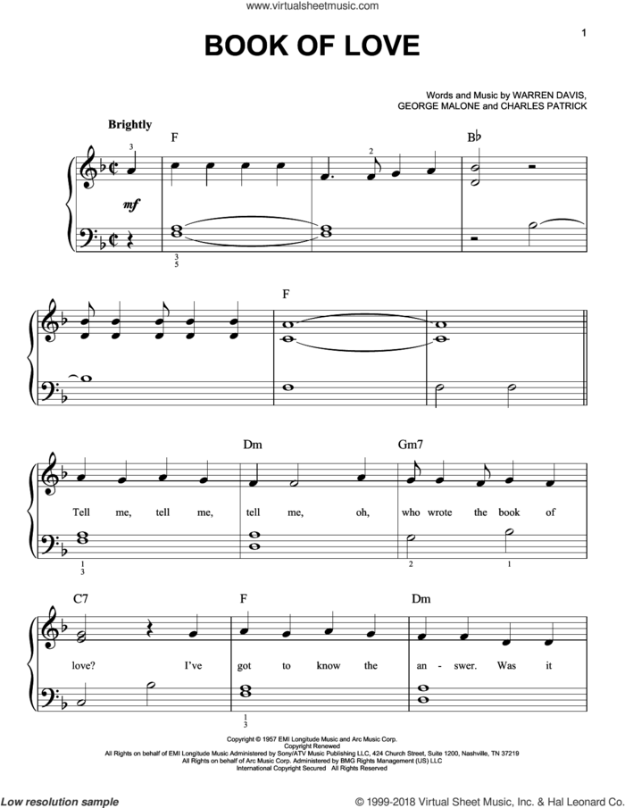 Book Of Love sheet music for piano solo by The Monotones, Charles Patrick, George Malone and Warren Davis, beginner skill level