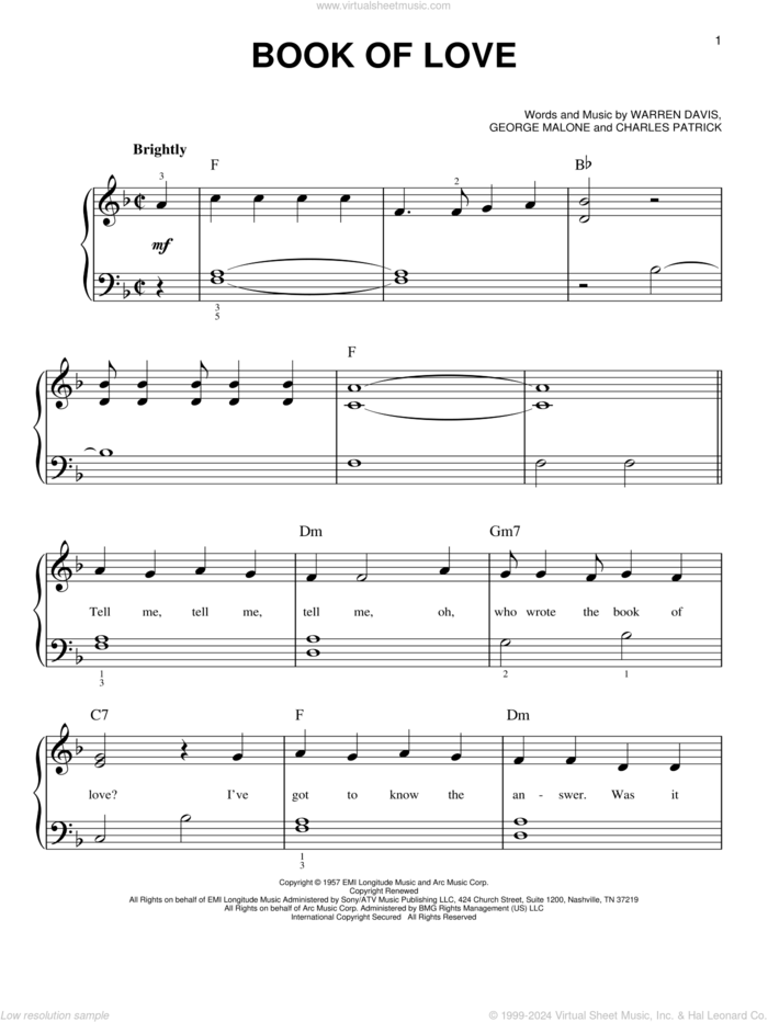 Book Of Love sheet music for piano solo by The Monotones, Charles Patrick, George Malone and Warren Davis, beginner skill level