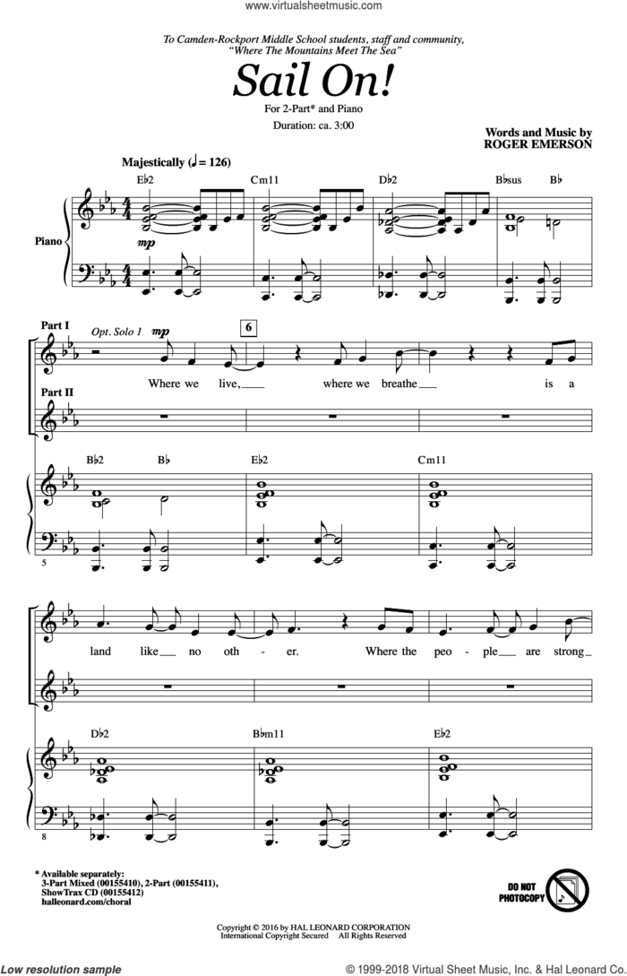 Sail On! sheet music for choir (2-Part) by Roger Emerson, intermediate duet