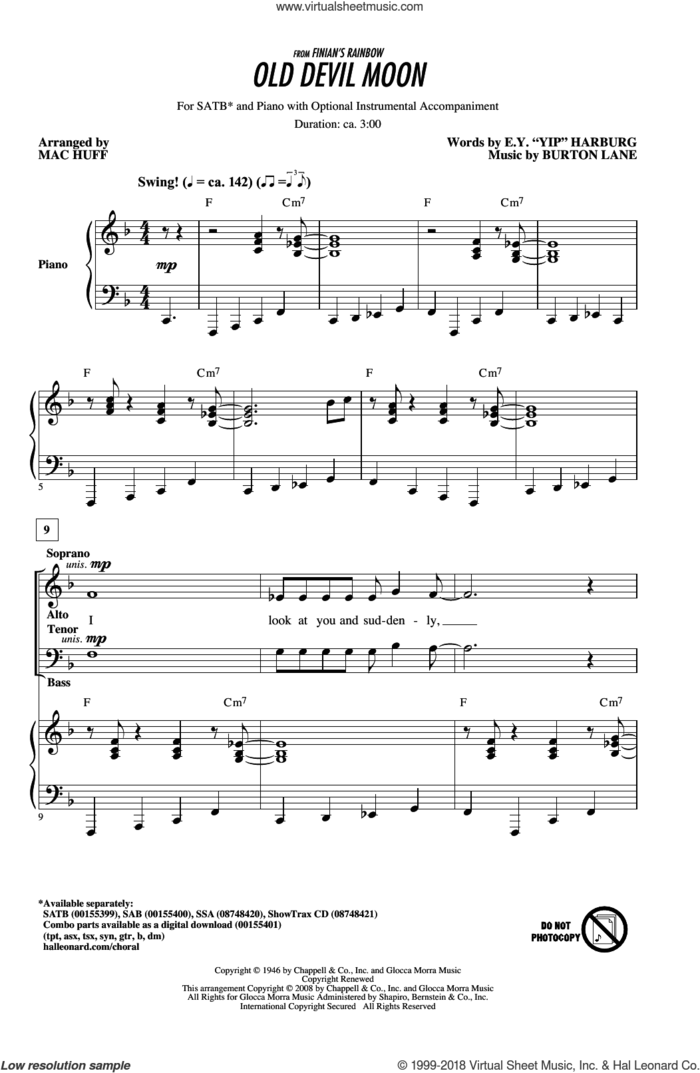 Old Devil Moon sheet music for choir (SATB: soprano, alto, tenor, bass) by E.Y. Harburg, Mac Huff and Burton Lane, intermediate skill level