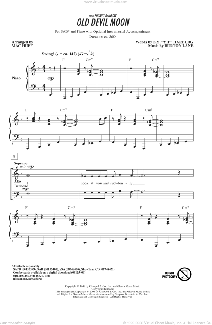 Old Devil Moon sheet music for choir (SAB: soprano, alto, bass) by E.Y. Harburg, Mac Huff and Burton Lane, intermediate skill level