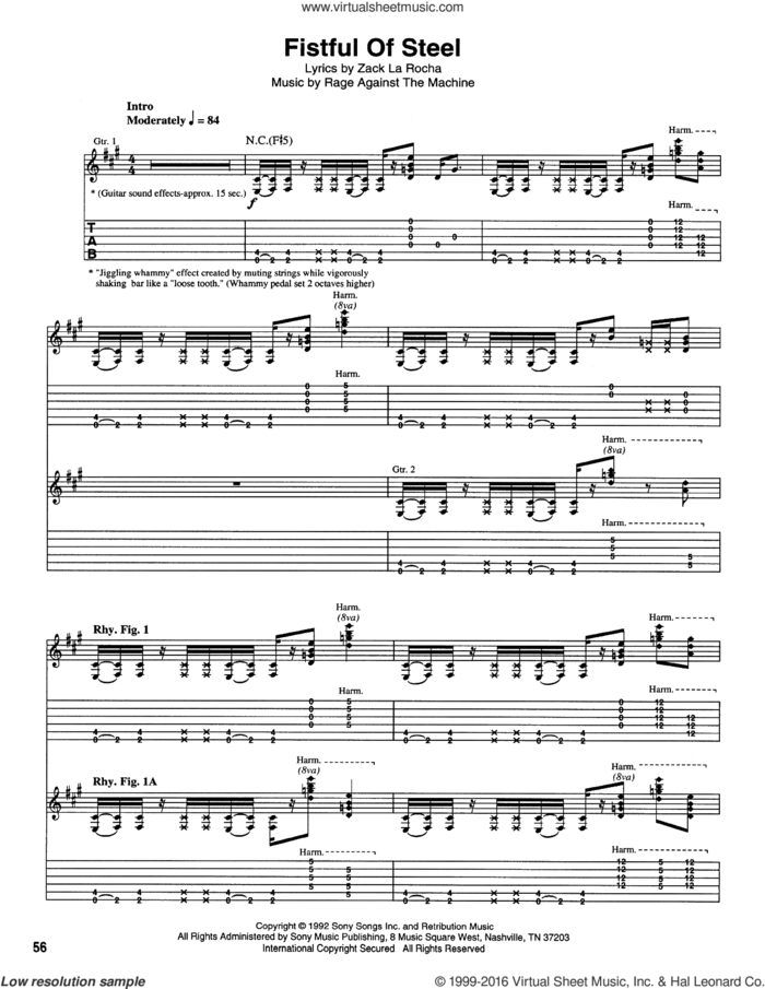 Fistful Of Steel sheet music for guitar (tablature) by Rage Against The Machine, intermediate skill level