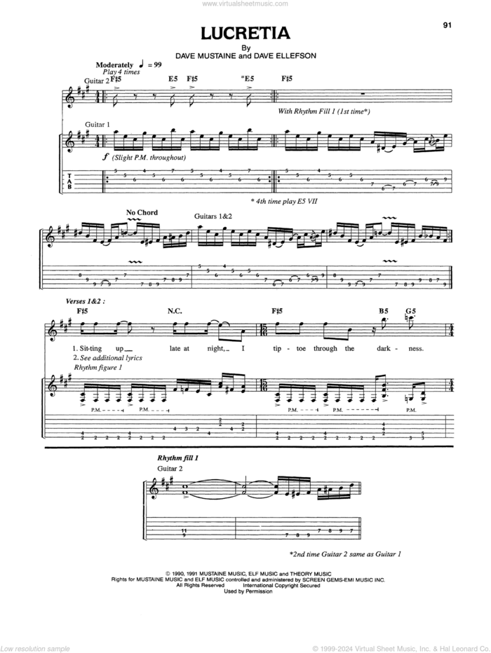 Lucretia sheet music for guitar (tablature) by Megadeth, Dave Ellefson and Dave Mustaine, intermediate skill level