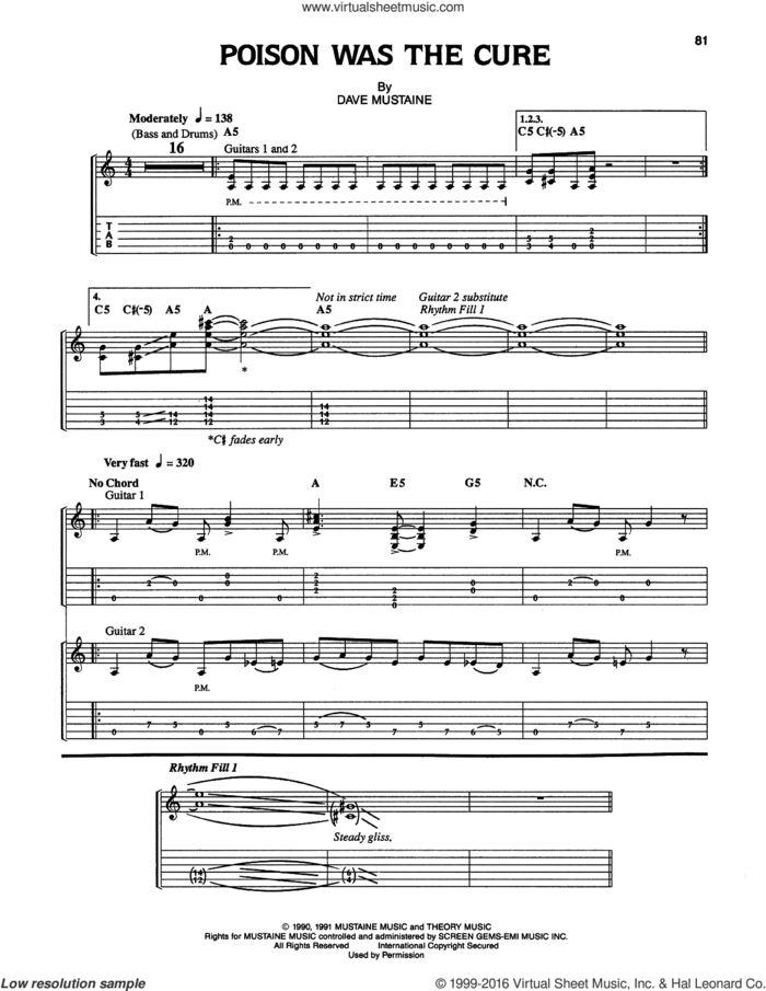 Poison Was The Cure sheet music for guitar (tablature) by Megadeth and Dave Mustaine, intermediate skill level