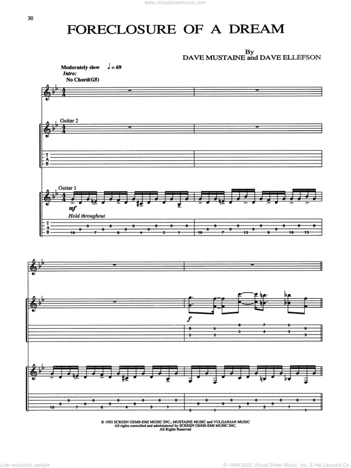 Foreclosure Of A Dream sheet music for guitar (tablature) by Megadeth, Dave Ellefson and Dave Mustaine, intermediate skill level