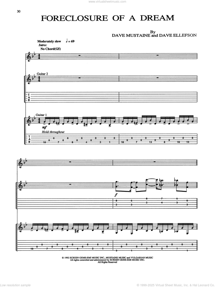 Foreclosure Of A Dream sheet music for guitar (tablature) by Megadeth, Dave Ellefson and Dave Mustaine, intermediate skill level