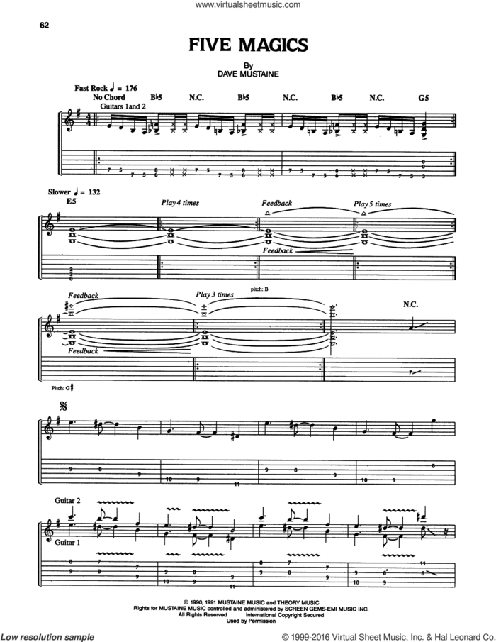 Five Magics sheet music for guitar (tablature) by Megadeth and Dave Mustaine, intermediate skill level