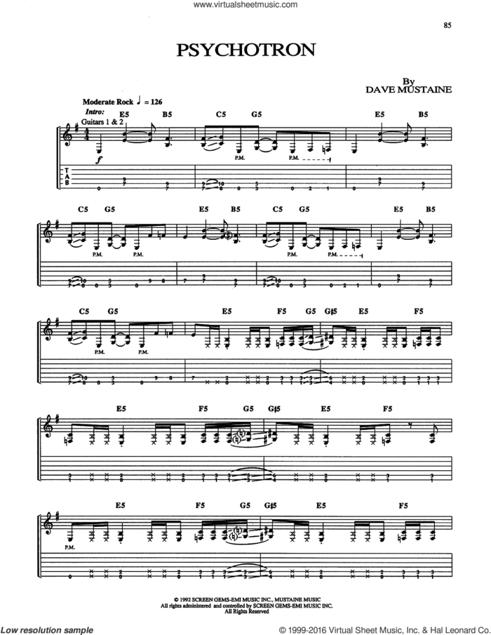 Psychotron sheet music for guitar (tablature) by Megadeth and Dave Mustaine, intermediate skill level